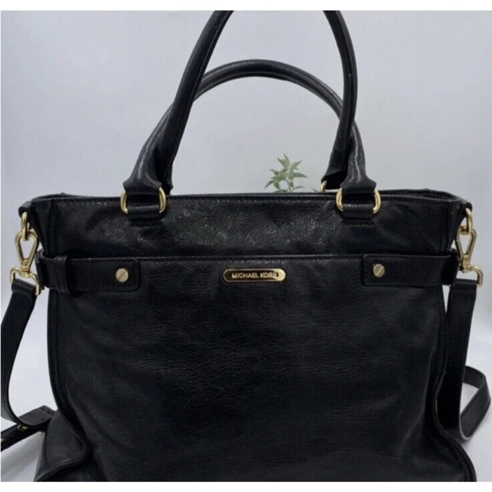 MICHAEL KORS Naomi Large Satchel Black Luxury Leather Zippers Handbag Purse‎ Bag